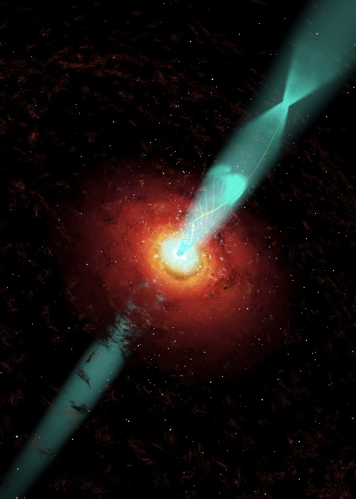 Illustration eines Quasars bzw. Blazars, bei dem Gasknoten durch den Jet bewegen; Cosmovision, Wolfgang Steffen